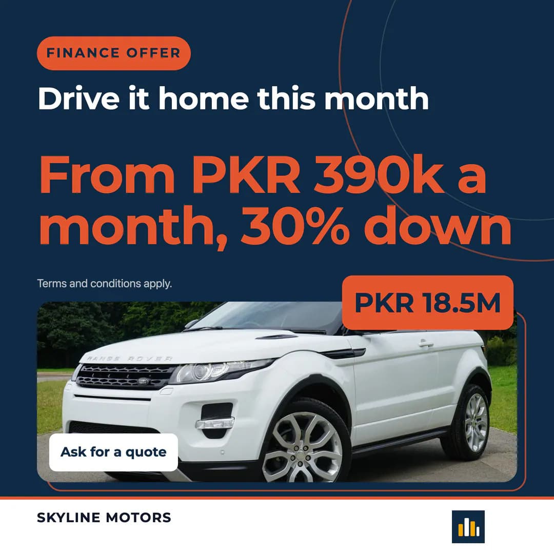 Finance offer: Range Rover Evoque from PKR 390k a month, 30% down