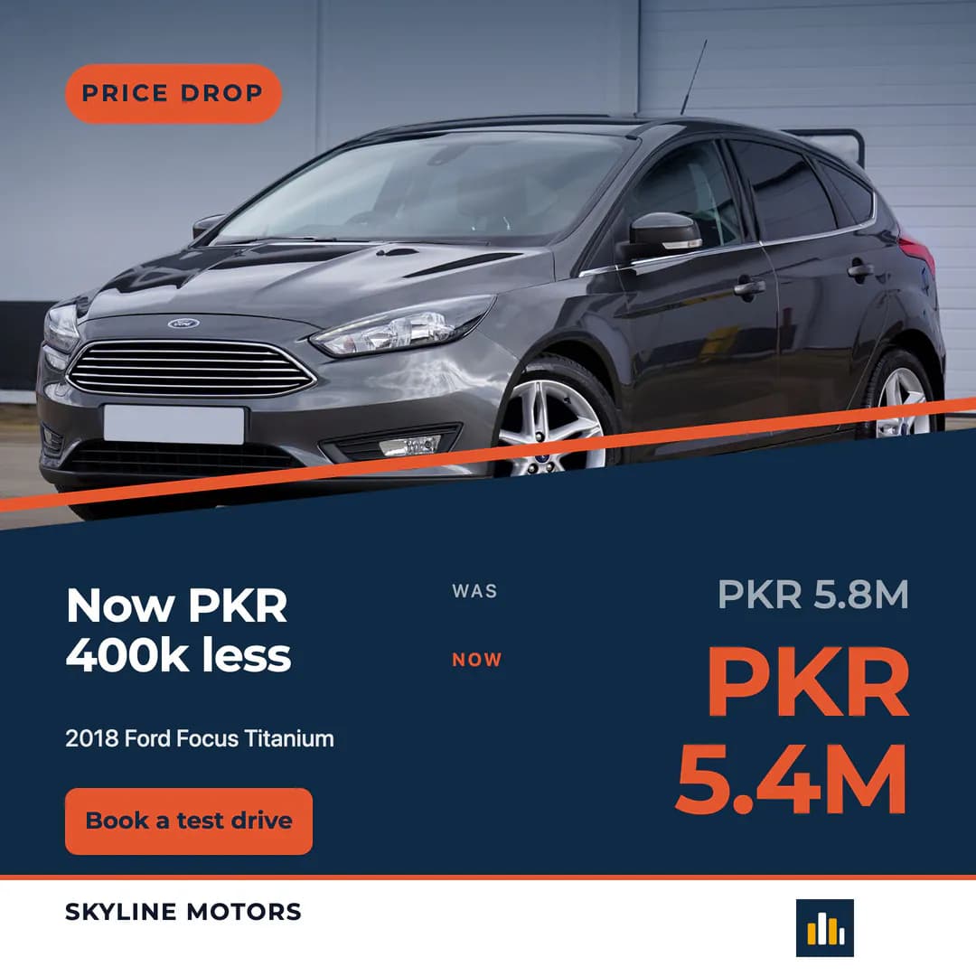 Price drop template, square: 2018 Ford Focus Titanium, was PKR 5.8M, now PKR 5.4M