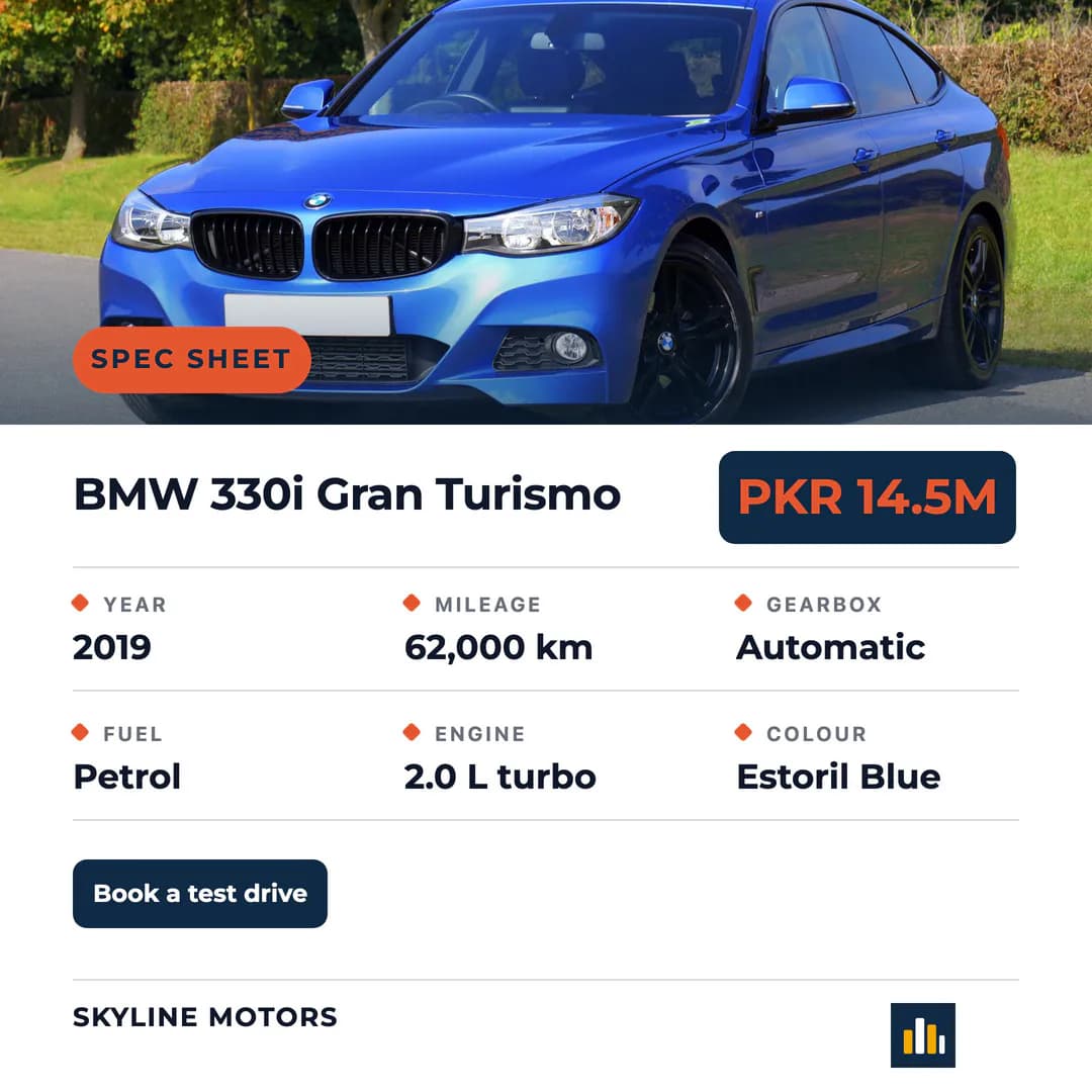 Spec sheet: BMW 330i Gran Turismo with year, mileage, gearbox, fuel, engine and colour