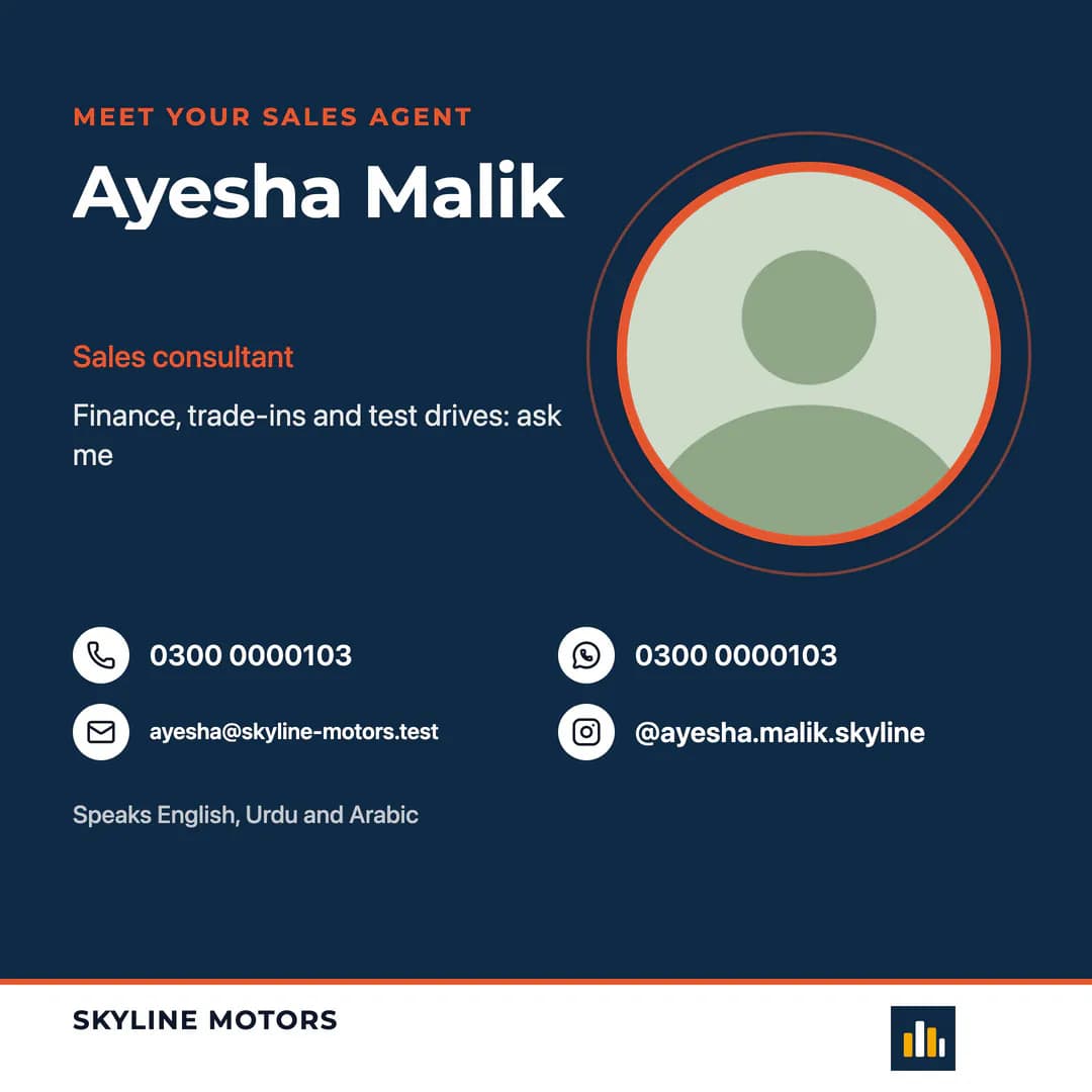 Meet your sales agent card for Ayesha Malik with phone, email, Instagram and languages