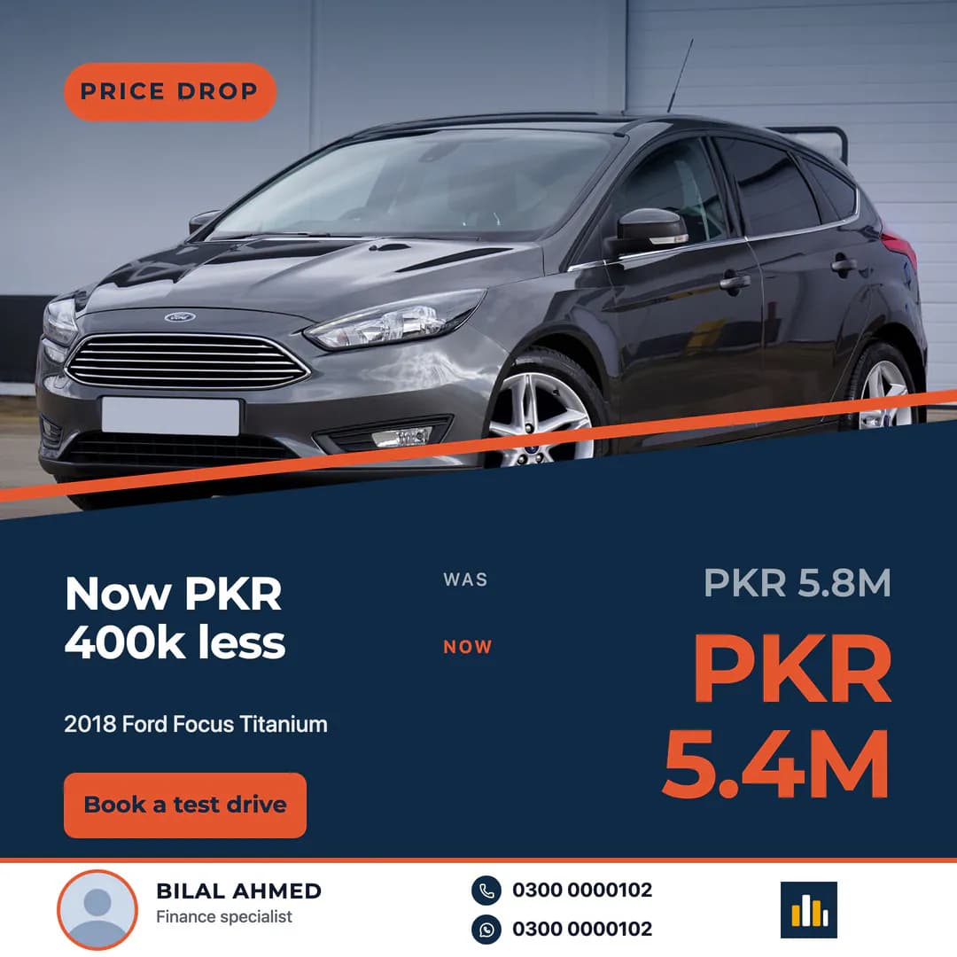 The same price drop template with sales agent Bilal Ahmed, finance specialist, and his phone and WhatsApp