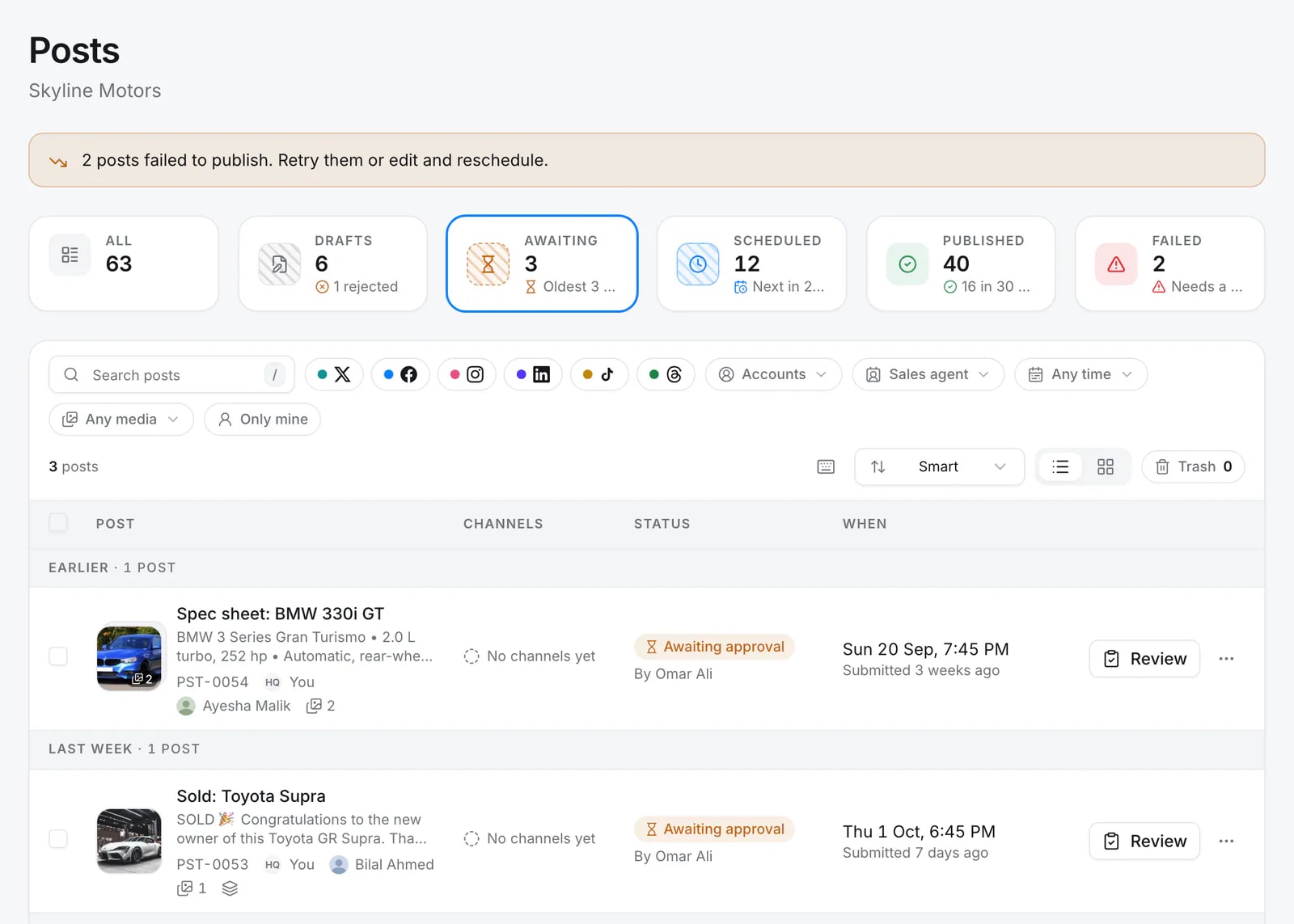 Quevix posts list filtered to three posts awaiting approval, each submitted by an editor