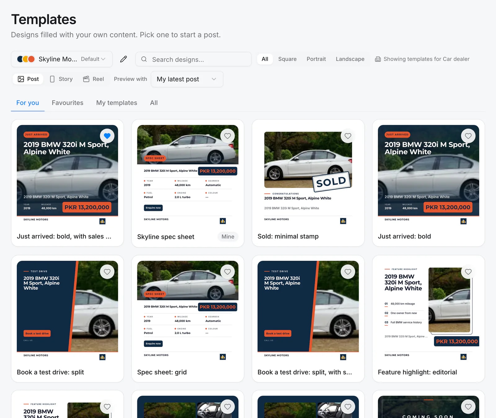 The Quevix template library showing car dealer designs filled with a 2019 BMW 320i in the Skyline Motors brand colours