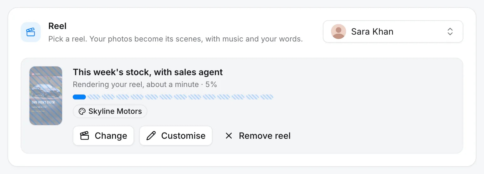 A chosen reel in the Quevix composer, “This week’s stock, with sales agent”, rendering at 5%