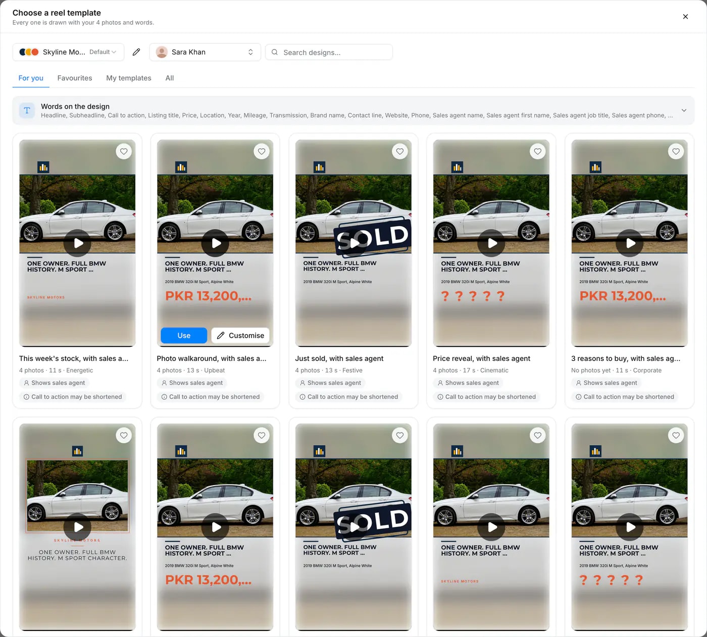 The Choose a reel template dialog in Quevix: reel designs drawn with the photos of a BMW 320i listing, with sales agent Sara Khan