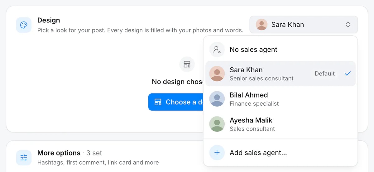 The sales agent picker in the Quevix composer listing Sara Khan (default), Bilal Ahmed and Ayesha Malik
