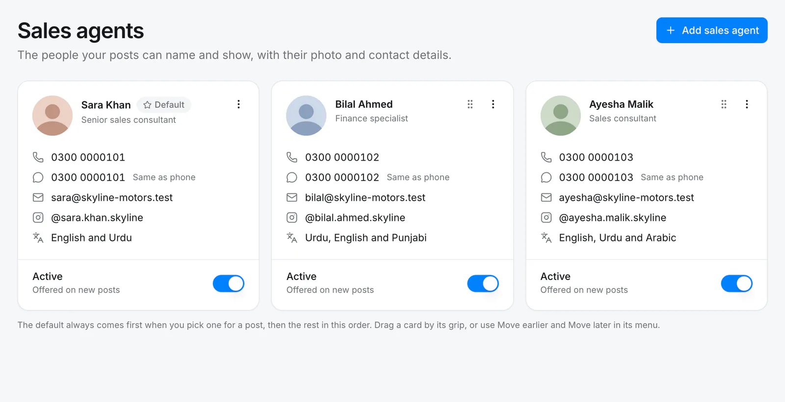 The Quevix sales agents page with three agents, each with a photo, title, phone, WhatsApp, email, Instagram and languages