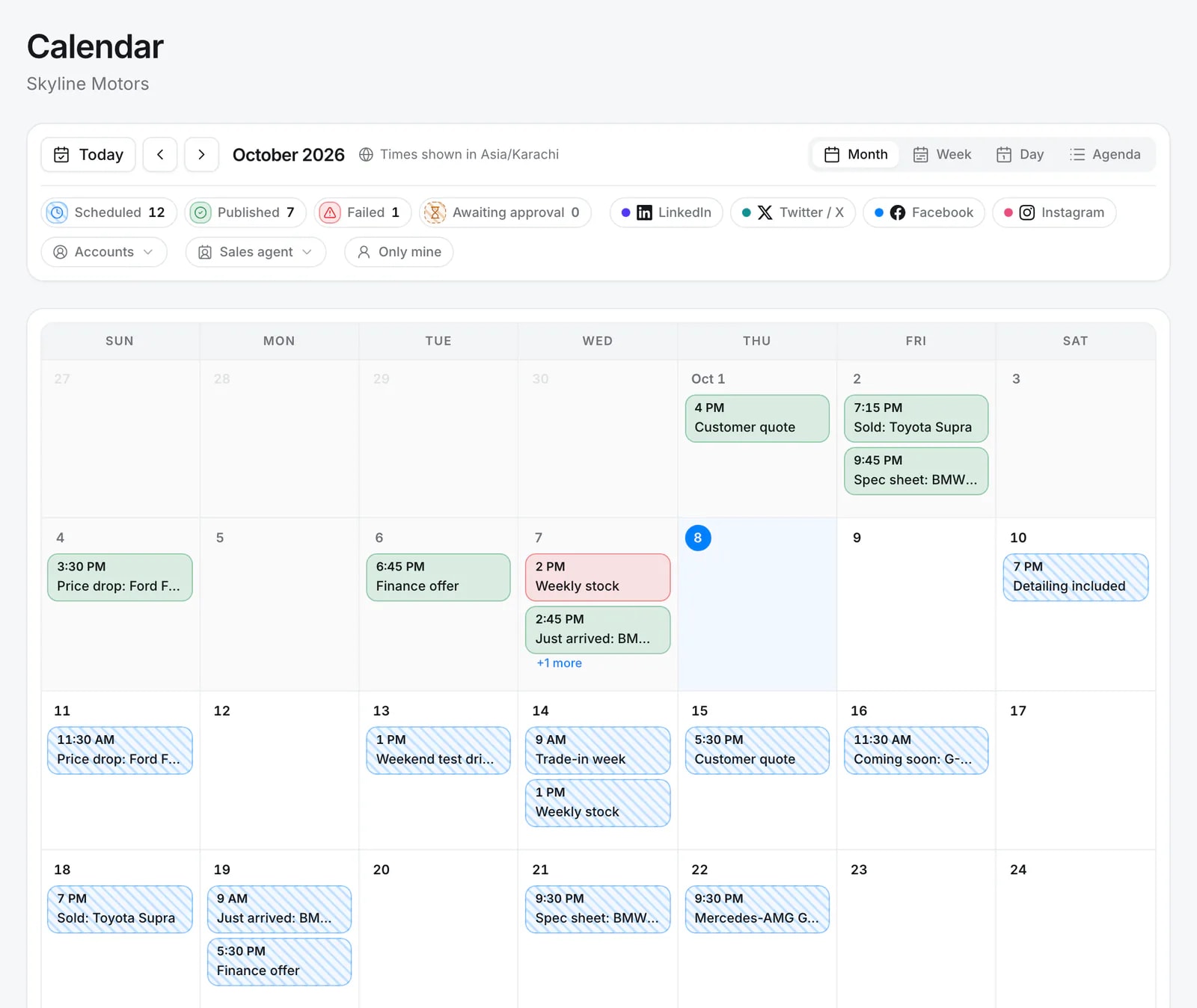 The Quevix calendar for October showing published, scheduled and failed posts with the network of each