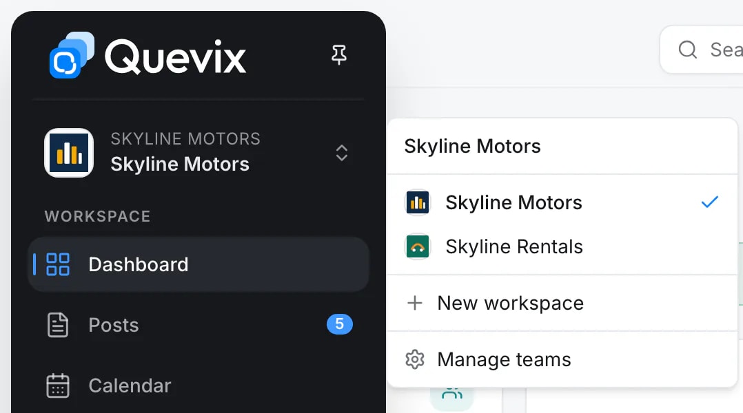 The Quevix workspace switcher open, with the workspaces Skyline Motors and Skyline Rentals