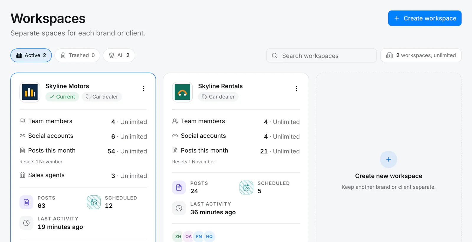 Quevix workspaces page with two workspaces, Skyline Motors and Skyline Rentals, and their members, accounts, posts and agents