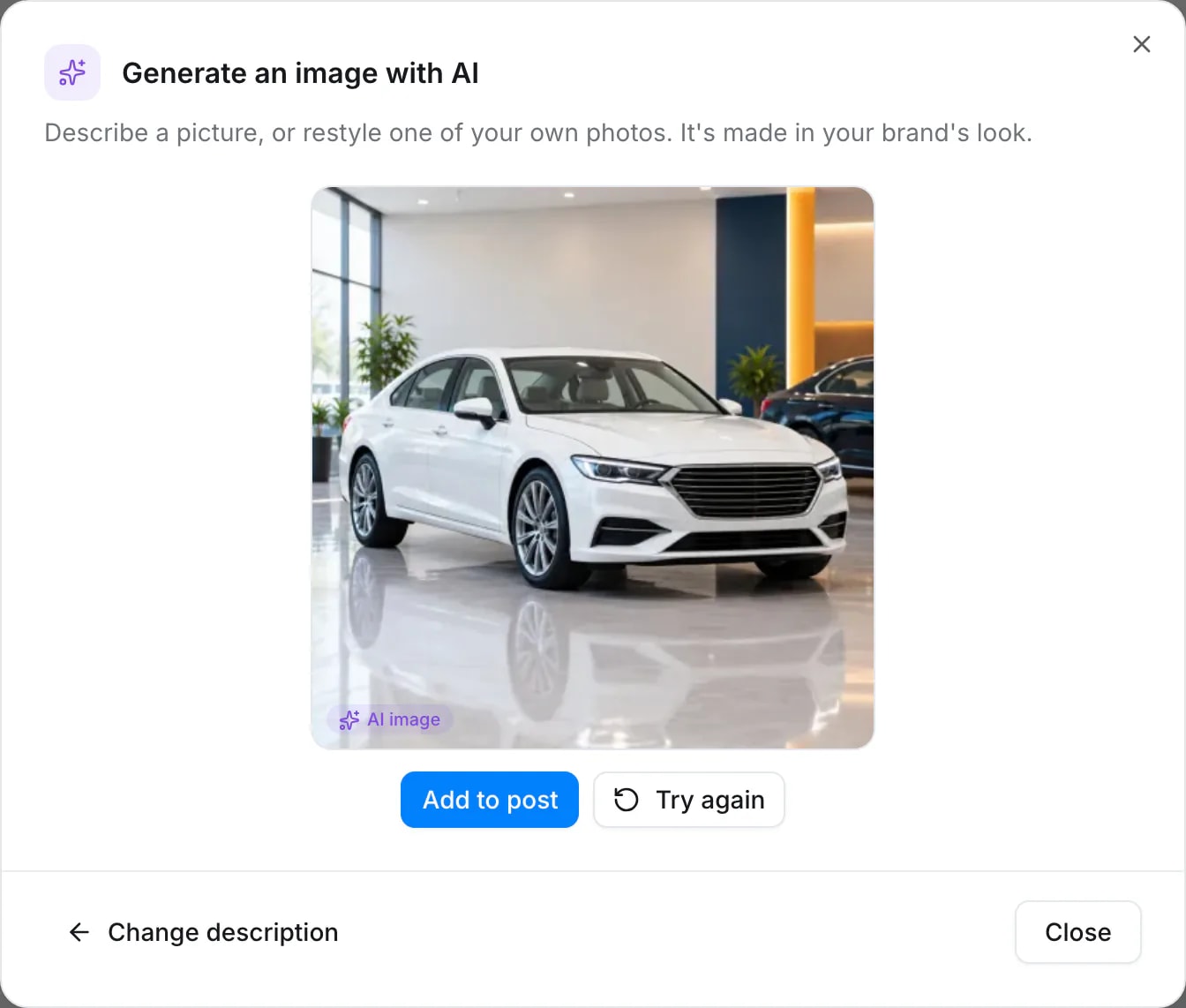 The Generate an image with AI dialog in Quevix showing the image it made: a white sedan in a bright showroom, marked AI image