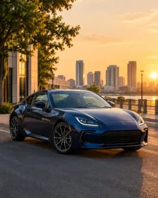 AI-generated: a dark blue coupe on a city street at golden hour, portrait
