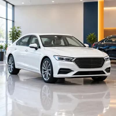 AI-generated: a white sedan in a bright showroom, square