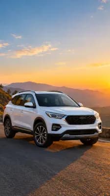 AI-generated: a white SUV on a mountain road at sunrise, story