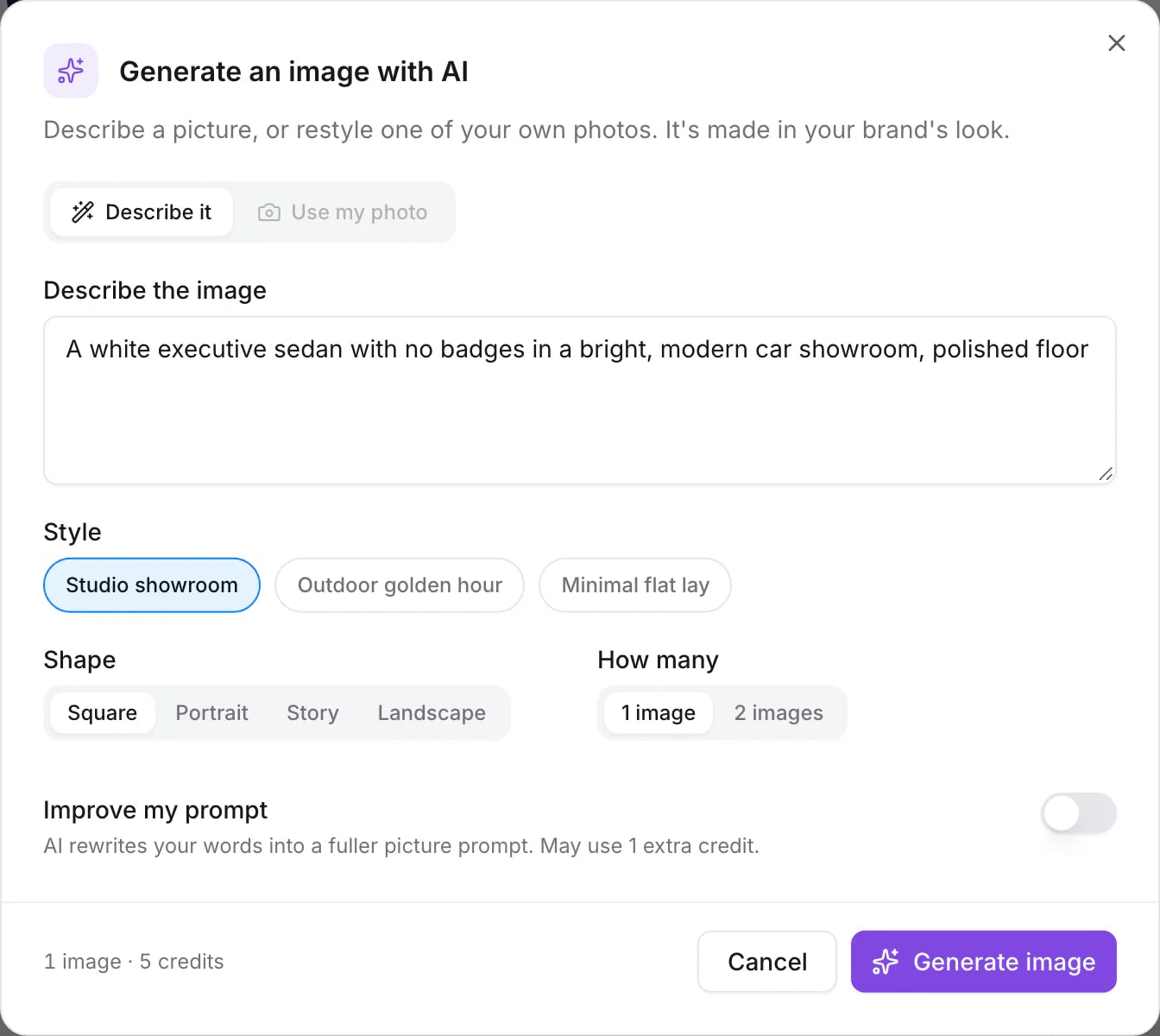 The Quevix AI image dialog with a description, the styles Studio showroom, Outdoor golden hour and Minimal flat lay, the shapes and Improve my prompt