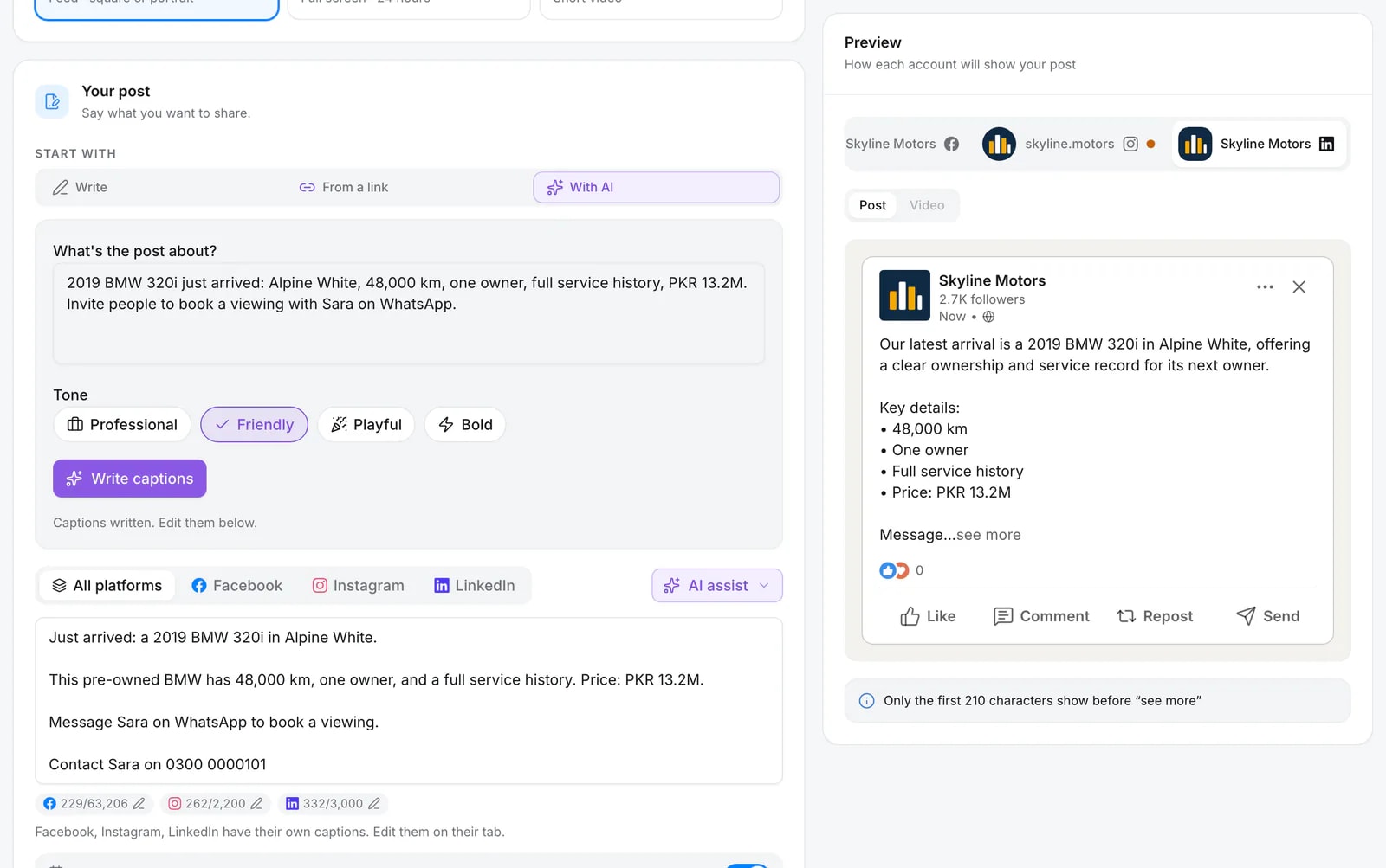 Quevix composer with a brief about a 2019 BMW 320i, the caption the AI wrote and the LinkedIn preview of the post