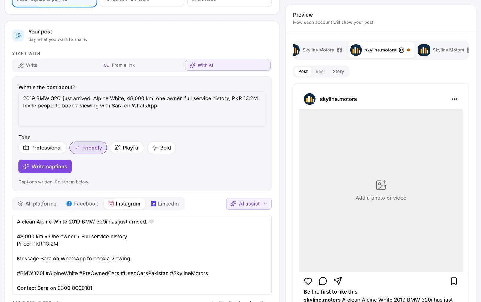 The Instagram tab of an AI-written caption in the Quevix composer, next to the Instagram preview