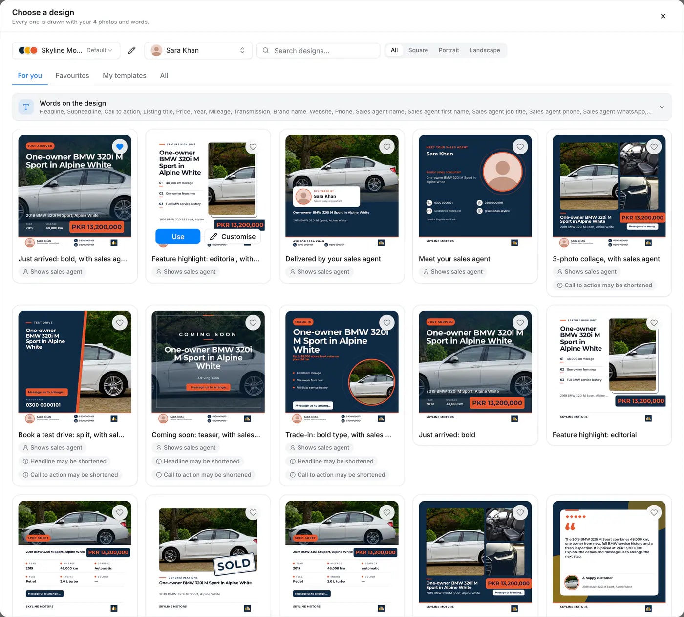 Quevix’s design picker showing car dealer templates filled with a 2019 BMW 320i, PKR 13,200,000 and sales agent Sara Khan