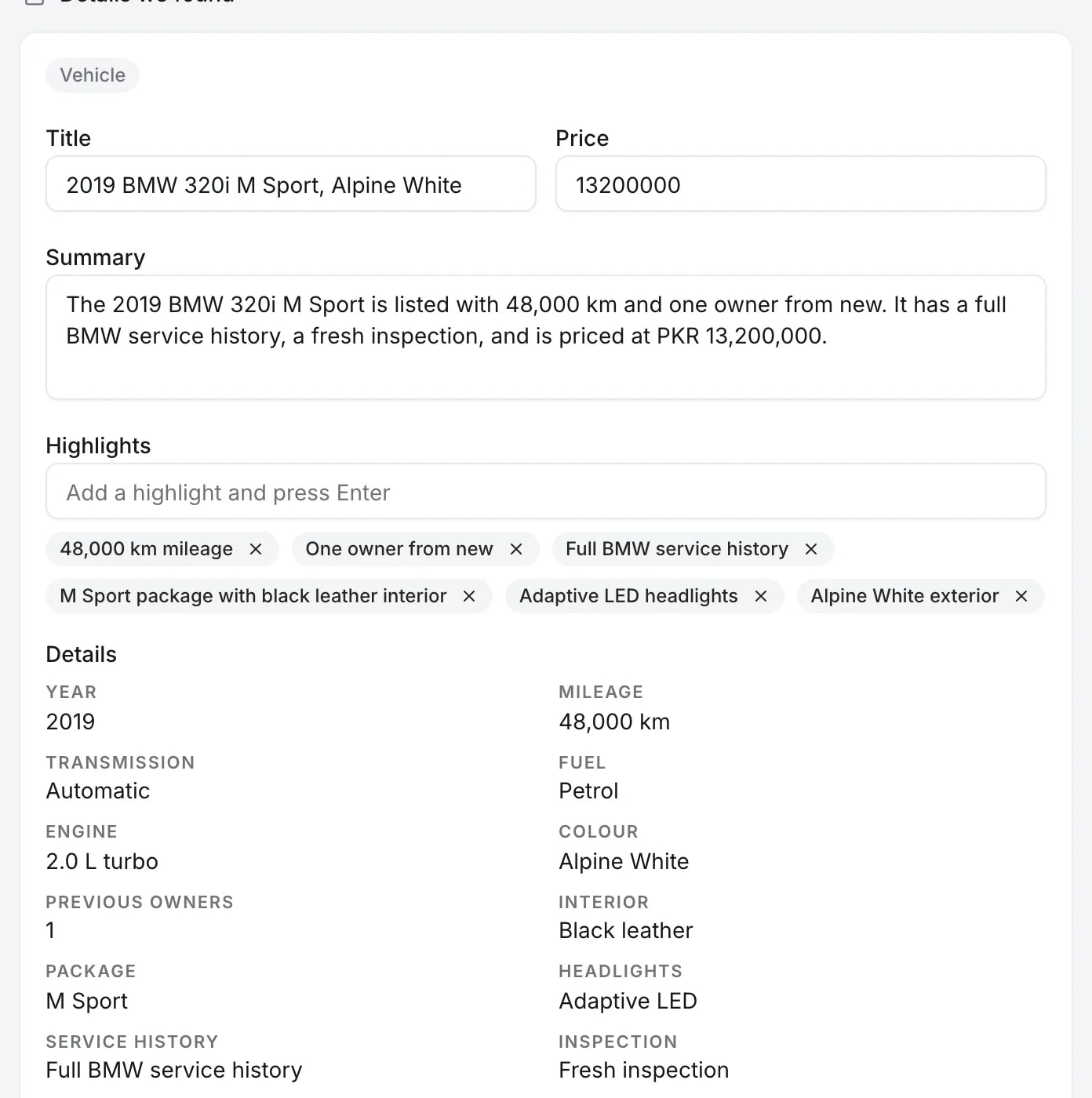 Details Quevix found on a car listing: 2019 BMW 320i M Sport, price, highlights, year 2019, 48,000 km, automatic, petrol, Alpine White