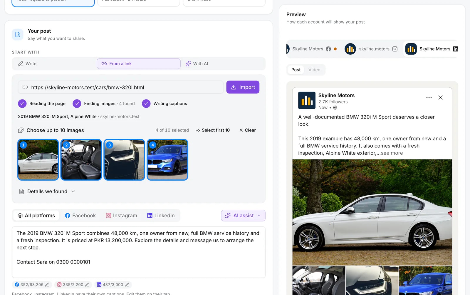 Four photos imported from a car listing link, selected in the Quevix composer, with the LinkedIn preview of the post
